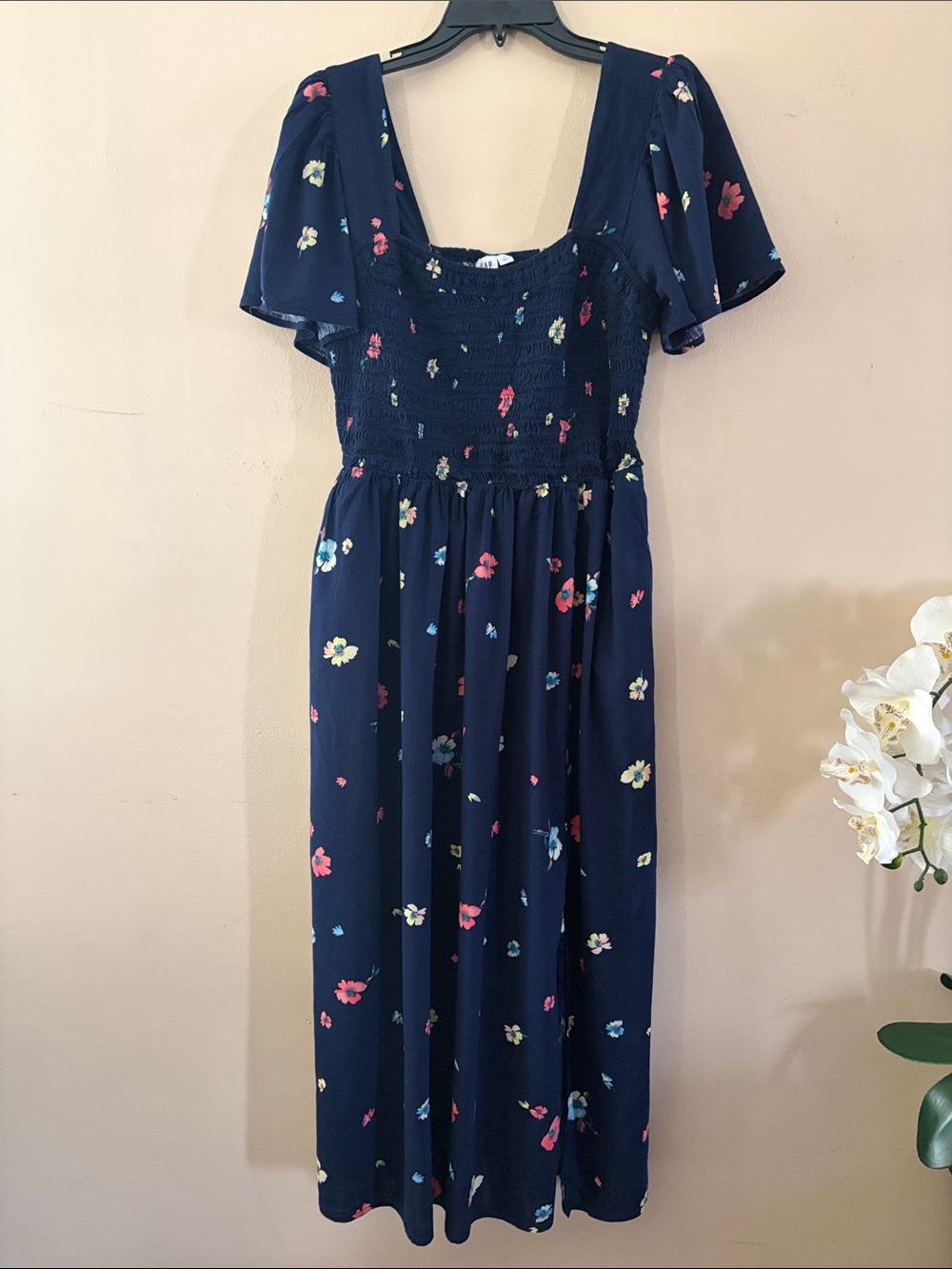 GAP Navy Floral Midi Dress with Puff Sleeves
